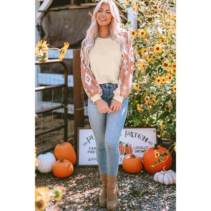Apricot Western Print Patch Long Sleeve Top