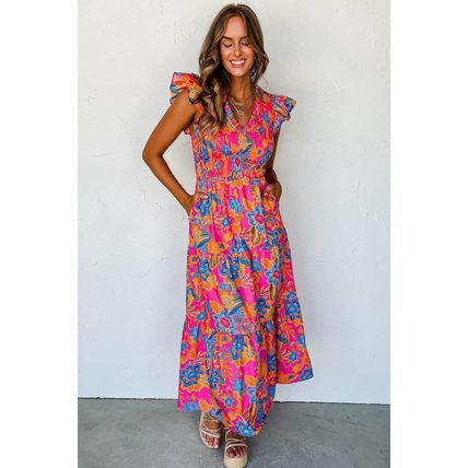 Rose Red Boho Floral V Neck Ruffle Tiered Long Dress