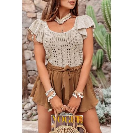 Beige Pointelle Knit Flutter Sleeve Sweater