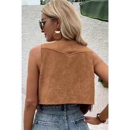 Camel Fringed Snap Button Front Suedette Vest