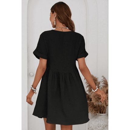 Black Folded Short Sleeve Lace V Neck Mini Dress