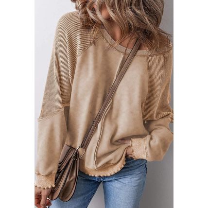 Light French Beige Solid Waffle Knit Patchwork Raglan Sleeve Sweatshirt