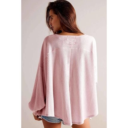 Light Pink Waffle V Neck Long Sleeve Drop Shoulder Loose Blouse