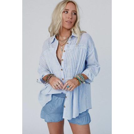 Sky Blue Stripe Ruffled Button up Long Sleeve Shirt