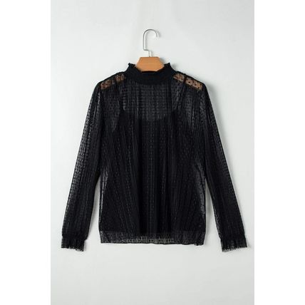 Black Dotty Lace Sheer Mock Neck Long Sleeve Blouse