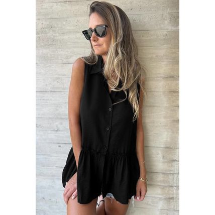 Black Sleeveless Buttoned Front Ruffle Hem Tunic Shirt