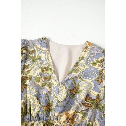 Multicolour Vintage Floral V Neck Short Puff Sleeve Long Dress