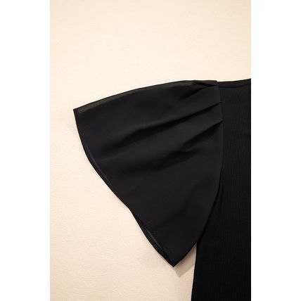 Black Mesh Ruffled Sleeve Slim Fit V Neck Top