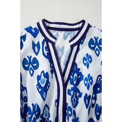 Blue Floral Puff Short Sleeve V Neck High Waist Maxi Dress