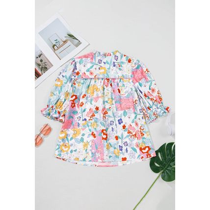 Pink Boho Flower Print Half Puff Sleeve Blouse