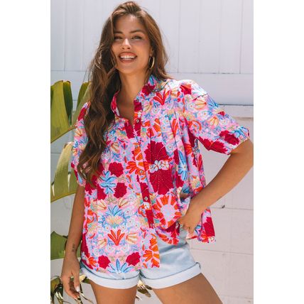 Pink Floral Print Bubble Sleeve Button Up Pleated Shirt