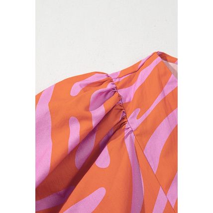 Orange Zebra Stripe Print Ruched Cuff Half Sleeve V Neck Blouse