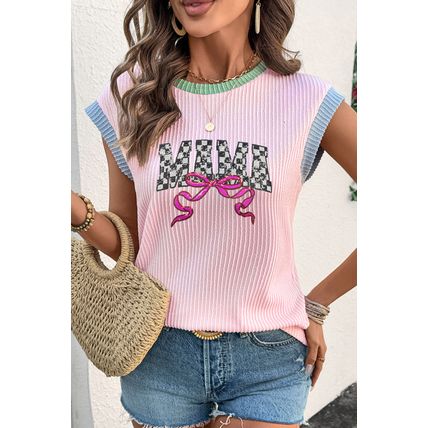 Pink MAMA Bow Graphic Contrast Trim Cap Sleeve 3D Rib T Shirt