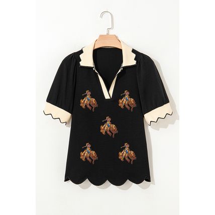 Black Contrast Scalloped Collar Cuffs Rodeo Patched Graphic Short Sleeve Top