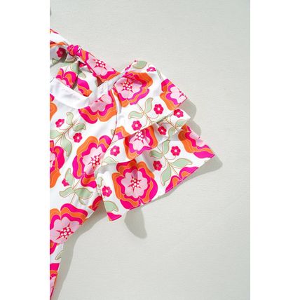 Rose Floral Print Square Neck Lace up Back Ruffled Sleeve Dress