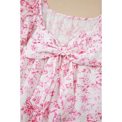Pink Floral Ruffled Short Sleeve Bow Back Square Neck Blouse