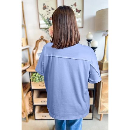 Sky Blue Flower Patched Exposed Stitching Trim Crew Neck Loose Tee