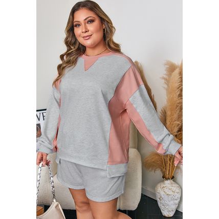 Light Grey Uneven Hem Colorblock Pullover Casual Shorts Plus Size 2pcs Outfit