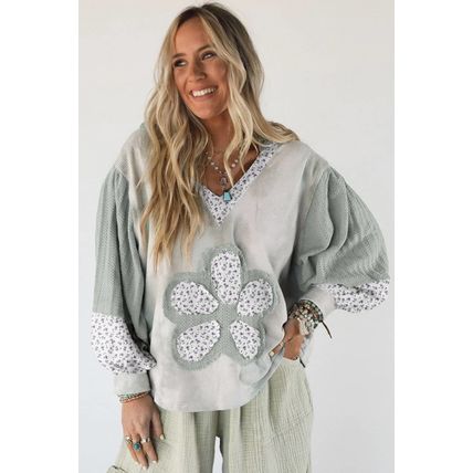 Green Floral Patched Waffle Textured Colorblock V Neck Casual Hooded Top