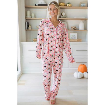 Pink Halloween Eve Haunted Honey Bat Print Pajama Set