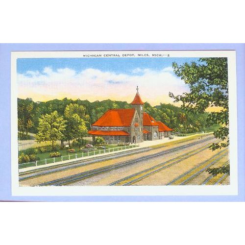 MI Niles Michigan Central Depot View Across Tracks Small Stone Station w/C~50