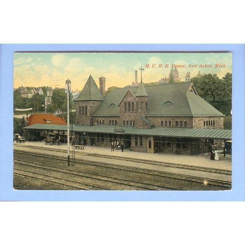 MI Ann Arbor MCRR Depot View Across 4 Tracks Large Stone Depot w/Long Cove~51