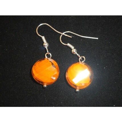 Different faceted orange & white mix twist disc crystal glass 14mm earrings