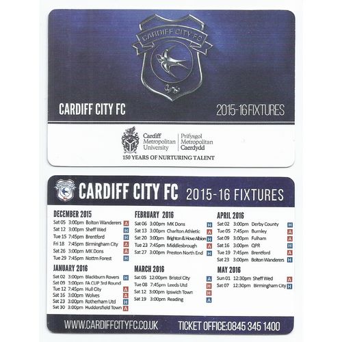 Fixture Card 2015-16 CARDIFF CITY Mint - No Folds