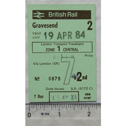 1984 British Rail weekly ticket, Gravesend to Zones 1, 2nd class
