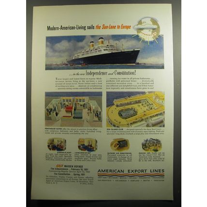 1951 American Export Lines Ad - Modern-American-Living sails the Sun-Lane