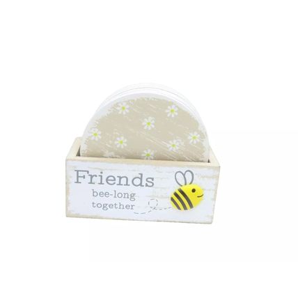 Bee Wooden Coasters Friends bee-long together Round Set of 6 in a Holder