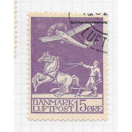 DENMARK DANMARK 1925 AIR AIRMAIL 15o PLANE HORSE FARMER PLOUGH USED SG225 Mi 144
