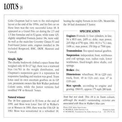 Collectors Club card. Classic Cars. Lotus 18