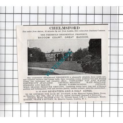 Baddow Court Great Baddow Essex - 1927 Small House Sale Advert