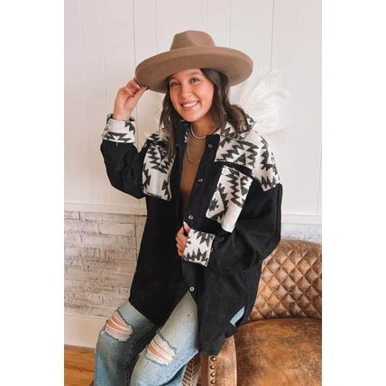 Black Aztec Patchwork Buttoned Corduroy Shacket