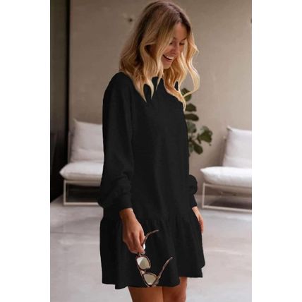 Black Solid Color Puff Sleeve Ruffle Hem Mini Dress