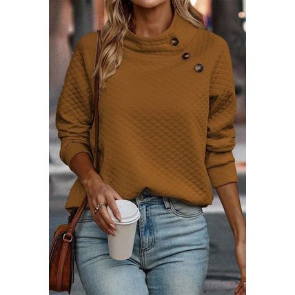 Chestnut Quilted Buttoned Neckline Stand Neck Pullover Sweatshirt