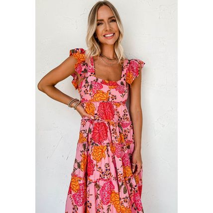 Pink Floral Square Neck Ruffled Flutter Sleeve Tiered Midi Dress