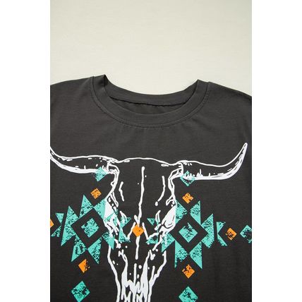 Carbon Grey Vintage Western Bull Head Skull Turquoise Aztec Graphic T Shirt