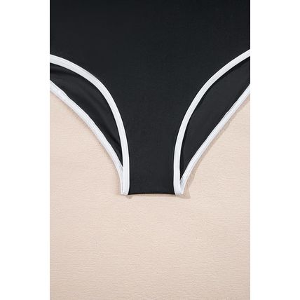 Black Contrast Trim Two Tone Belted One Piece Swimsuit