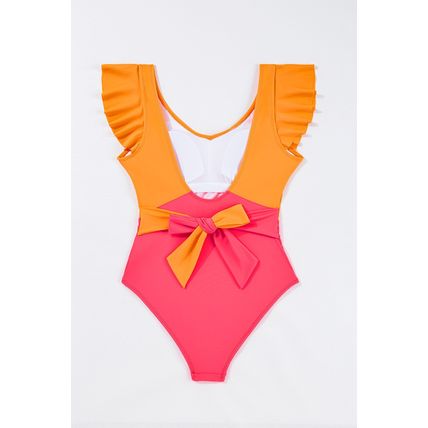Vitality Orange Color Block Ruffled Knotted Backless One Piece Swimsuit