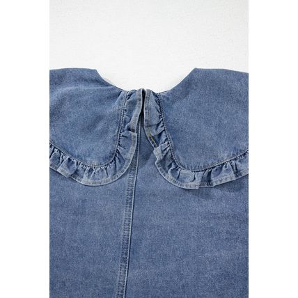Dusk Blue Ruffled Collared Side Pockets Puff Sleeve Denim Mini Dress