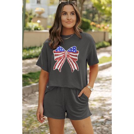 Carbon Grey Independence Day Sequin Bow Graphic Twist Rib Textured Short Set