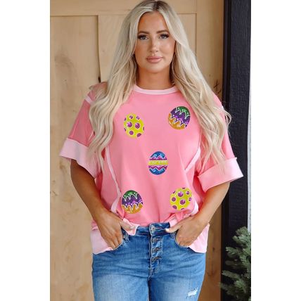 Peach Blossom Sequined Easter Eggs Contrast Patchwork Detail Short Sleeve Blouse