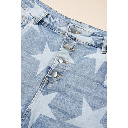 Sky Blue Star Printed Multi Buttons Slit Knee Destroyed Plus Size Jeans