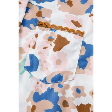 Multicolour Floral Print Ricrac Trim Collared Puff Short Sleeve Shirt