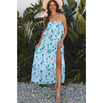 Green Floral Print Ruffled Side Slit Tube Top Maxi Dress