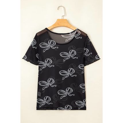 Black Bow Printed Mesh Short Sleeve Top