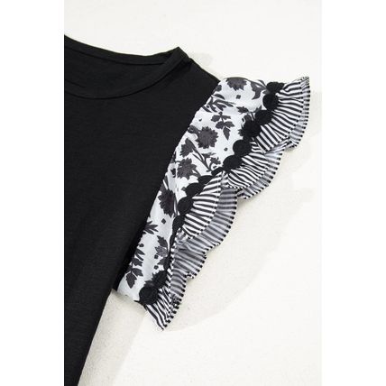 Black Ricrac Trim Printed Flutter Sleeve Contrast Patchwork Blouse