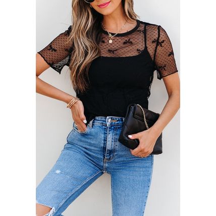 Black Bow Knot Dotted See-through Mesh Patched Slim Fit Blouse
